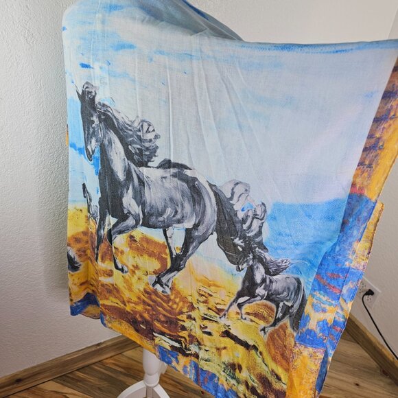 JC Sunny Sky & Mustang Horses Kimono Wrap Duster Swimsuit Cover Up - Picture 6 of 10
